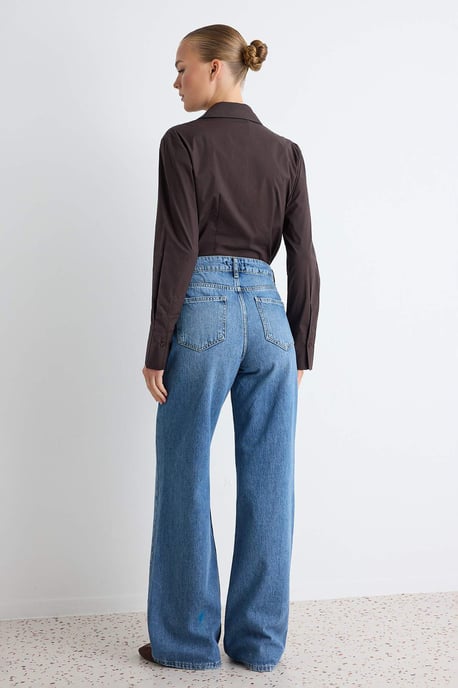 TRENDYOLMİLLA Dames Donkerblauw Effen Wijde pijp Hoge taille Jeans - Image 3
