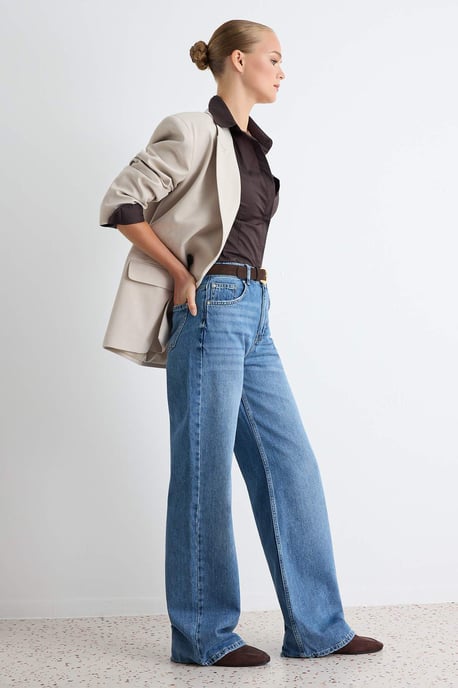 TRENDYOLMİLLA Dames Donkerblauw Effen Wijde pijp Hoge taille Jeans - Image 4