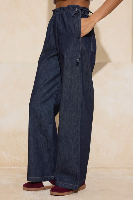 TRENDYOLMİLLA Dames Donkerblauw Effen Wijde pijp Hoge taille Jeans - Image 2
