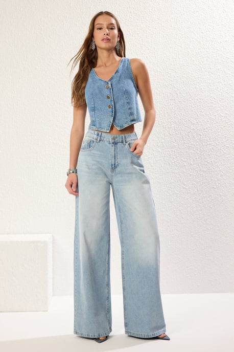 TRENDYOLMİLLA Dames Blauw Effen Wijde pijp Hoge taille Jeans - Image 5