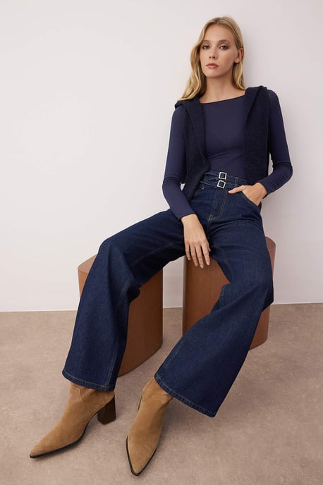 TRENDYOLMİLLA Dames Blauw Effen Wijde pijp Hoge taille Jeans - Image 4