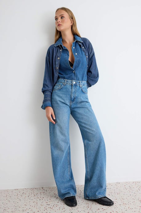 TRENDYOLMİLLA Dames Blauw Effen Wijde pijp Hoge taille Jeans - Image 1