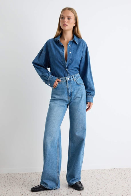 TRENDYOLMİLLA Dames Blauw Effen Wijde pijp Hoge taille Jeans - Image 6