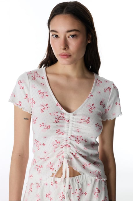 Blossom Pointel Floral Short Sleeve T-Shirt Pajama Top - Image 1