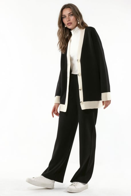 Buttoned Cardigan & Textured High Waist Knit Pants Co-Ord Set - Image 2