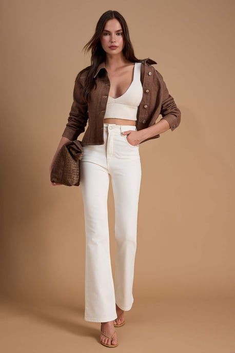 TRENDYOLMİLLA Dames Ecru Effen Flared Hoge taille Jeans - Image 1