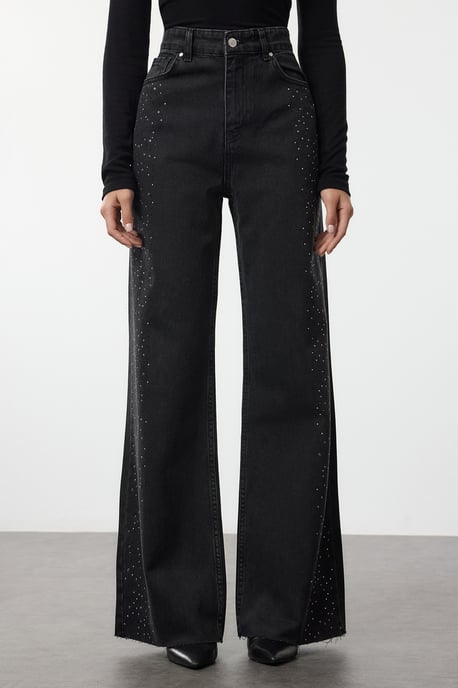 TRENDYOLMİLLA Dames Zwart Effen Wijde pijp Hoge taille Jeans - Image 2