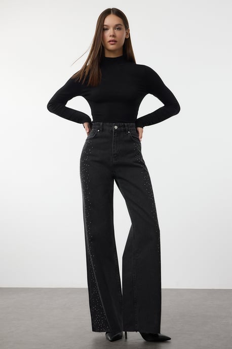 TRENDYOLMİLLA Dames Zwart Effen Wijde pijp Hoge taille Jeans - Image 5