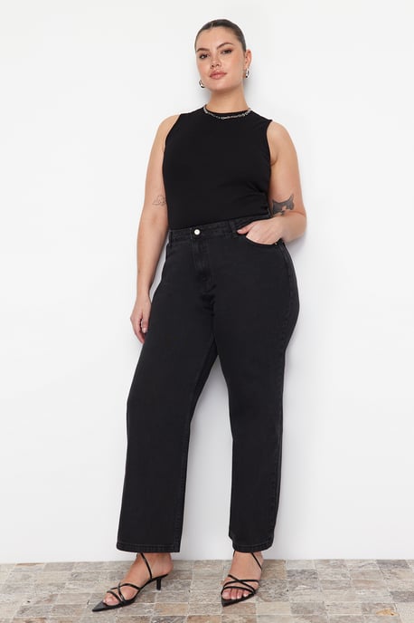 Trendyol Curve Dames Grijs Effen Wijde pijp Hoge taille Grote maten Jeans - Image 4