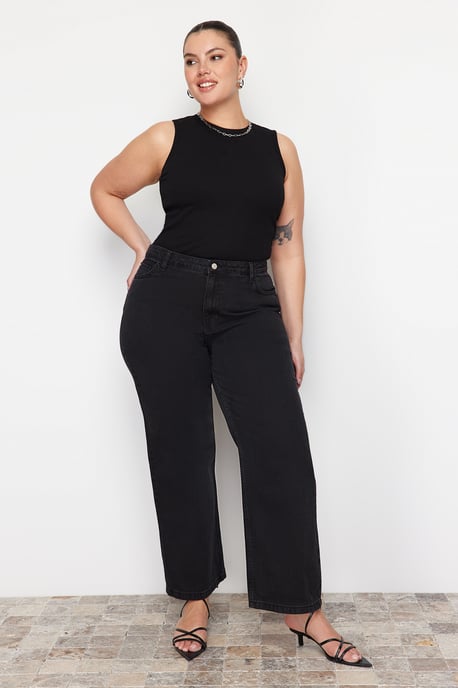 Trendyol Curve Dames Grijs Effen Wijde pijp Hoge taille Grote maten Jeans - Image 5