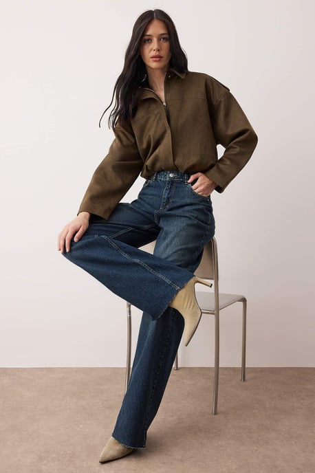 TRENDYOLMİLLA Dames Donkerblauw Effen Wijde pijp Hoge taille Jeans - Image 1