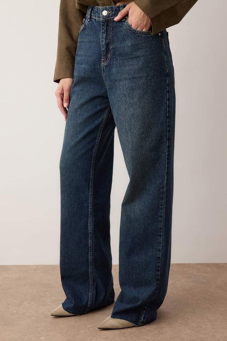TRENDYOLMİLLA Dames Donkerblauw Effen Wijde pijp Hoge taille Jeans - Image 2