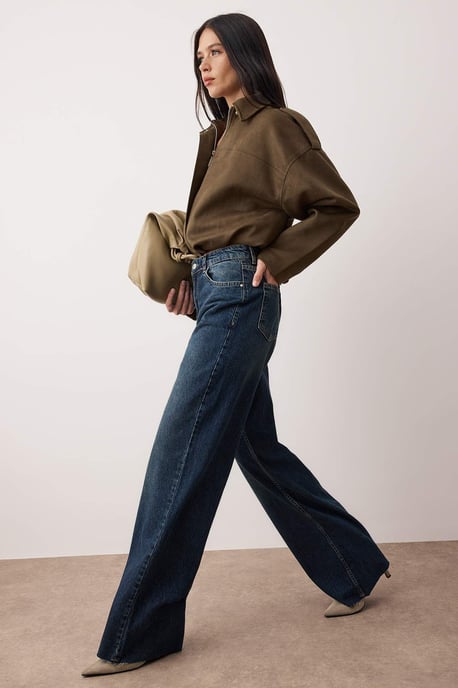 TRENDYOLMİLLA Dames Donkerblauw Effen Wijde pijp Hoge taille Jeans - Image 4