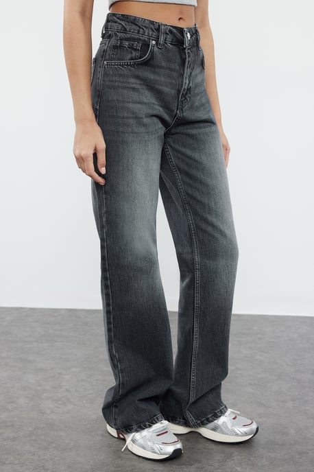 TRENDYOLMİLLA Dames Grijs Effen Wijde pijp Hoge taille Jeans - Image 2