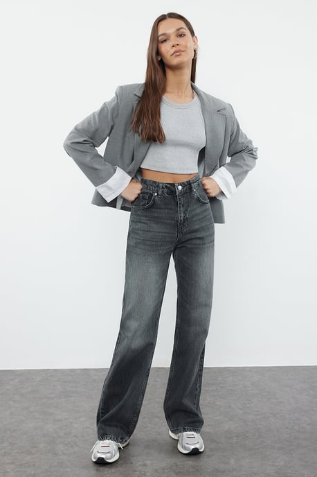 TRENDYOLMİLLA Dames Grijs Effen Wijde pijp Hoge taille Jeans - Image 5