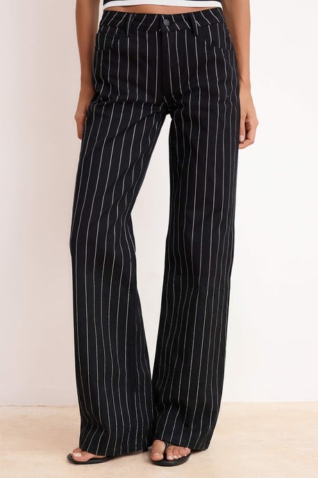 TRENDYOLMİLLA Women's Black Striped Wide Leg High Waist Jeans - Image 2