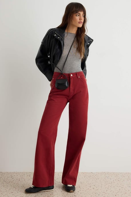 TRENDYOLMİLLA Dames Bordeaux Effen Wijde pijp Hoge taille Jeans - Image 1