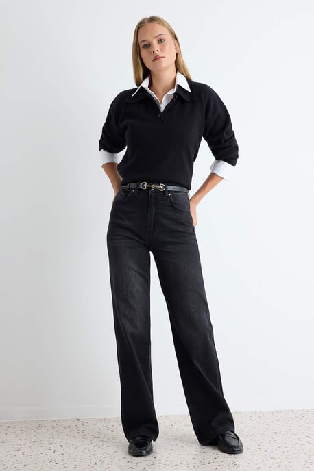 TRENDYOLMİLLA Dames Zwart Effen Wijde pijp Hoge taille Jeans - Image 1