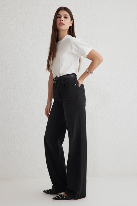 TRENDYOLMİLLA Dames Zwart Effen Wijde pijp Hoge taille Jeans - Image 5