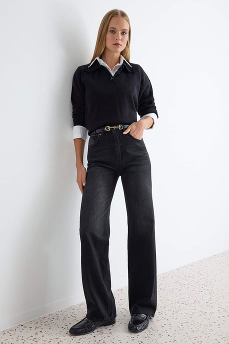TRENDYOLMİLLA Dames Zwart Effen Wijde pijp Hoge taille Jeans - Image 6