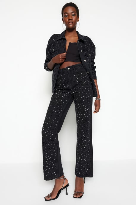 TRENDYOLMİLLA Dames Zwart Effen Wijde pijp Hoge taille Jeans - Image 2