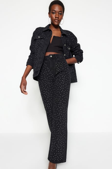 TRENDYOLMİLLA Dames Zwart Effen Wijde pijp Hoge taille Jeans - Image 3