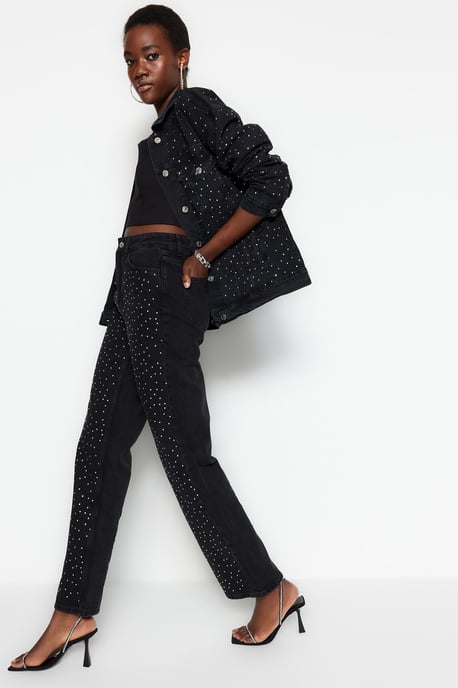 TRENDYOLMİLLA Dames Zwart Effen Wijde pijp Hoge taille Jeans - Image 4