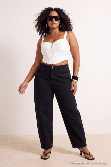 Trendyol Curve Dames Zwart Effen Barrel Hoge taille Grote maten Jeans - Image 1