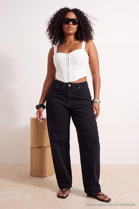 Trendyol Curve Dames Zwart Effen Barrel Hoge taille Grote maten Jeans - Image 2