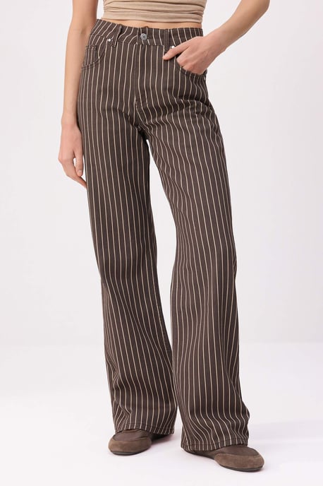 TRENDYOLMİLLA Women's Brown Striped Wide Leg High Waist Jeans - Image 2