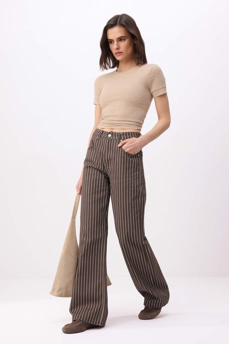 TRENDYOLMİLLA Women's Brown Striped Wide Leg High Waist Jeans - Image 4
