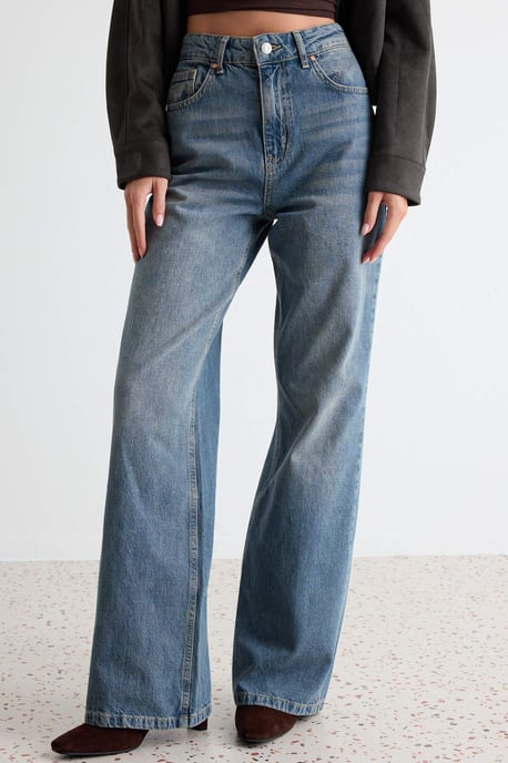 TRENDYOLMİLLA Dames Donkerblauw Effen Wijde pijp Hoge taille Jeans - Image 2