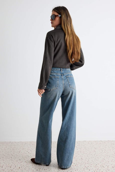 TRENDYOLMİLLA Dames Donkerblauw Effen Wijde pijp Hoge taille Jeans - Image 3