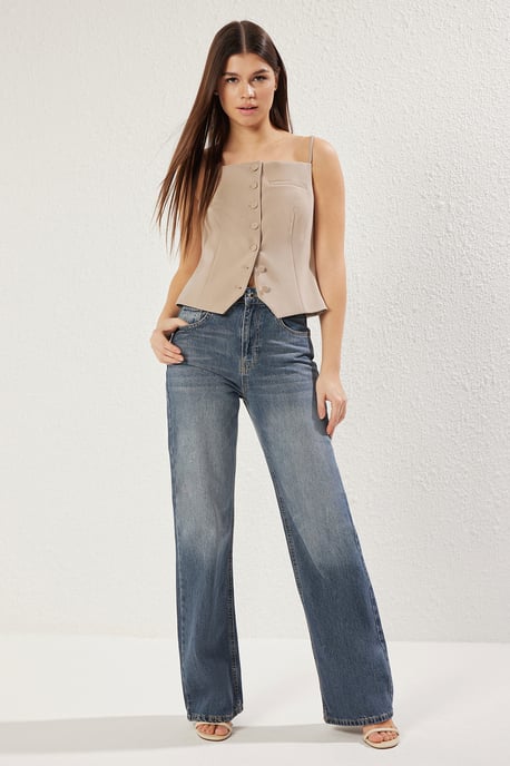 TRENDYOLMİLLA Dames Donkerblauw Effen Wijde pijp Hoge taille Jeans - Image 4
