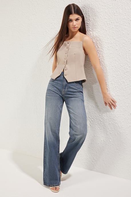 TRENDYOLMİLLA Dames Donkerblauw Effen Wijde pijp Hoge taille Jeans - Image 5