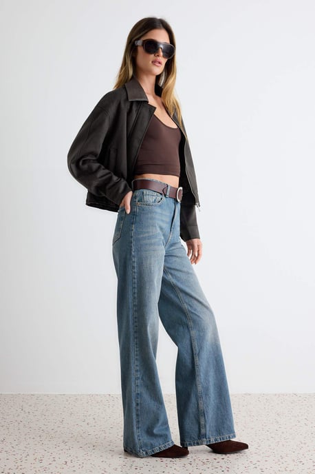 TRENDYOLMİLLA Dames Donkerblauw Effen Wijde pijp Hoge taille Jeans - Image 6