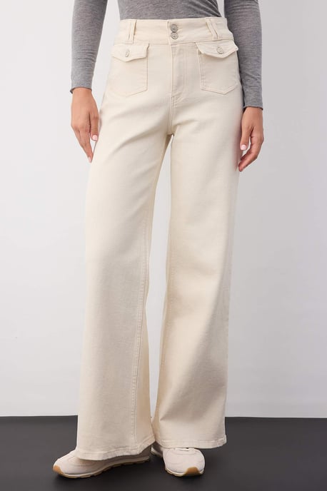 TRENDYOLMİLLA Dames Ecru Effen Wijde pijp Hoge taille Jeans - Image 1