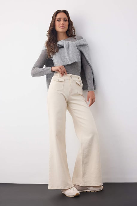 TRENDYOLMİLLA Dames Ecru Effen Wijde pijp Hoge taille Jeans - Image 2
