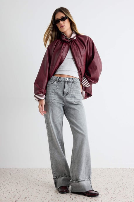 TRENDYOLMİLLA Dames Grijs Effen Wijde pijp Hoge taille Jeans - Image 1