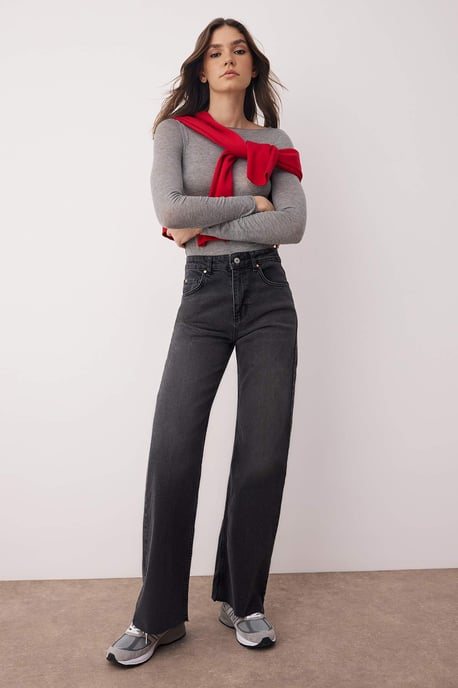 TRENDYOLMİLLA Dames Zwart Effen Wijde pijp Hoge taille Jeans - Image 1