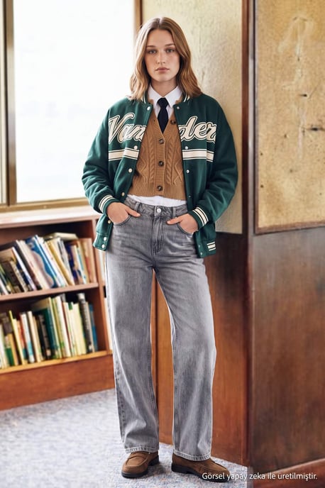 TRENDYOLMİLLA Dames Grijs Effen Wijde pijp Normale taille Jeans - Image 2