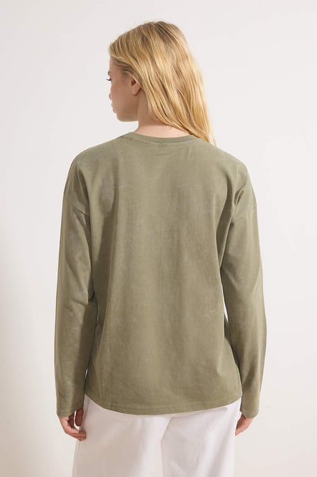 TRENDYOLMİLLA Dames Kaki Effen Lang Relaxed fit T-shirts - Image 3