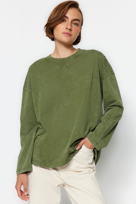 TRENDYOLMİLLA Dames Kaki Effen Lang Relaxed fit T-shirts - Image 4