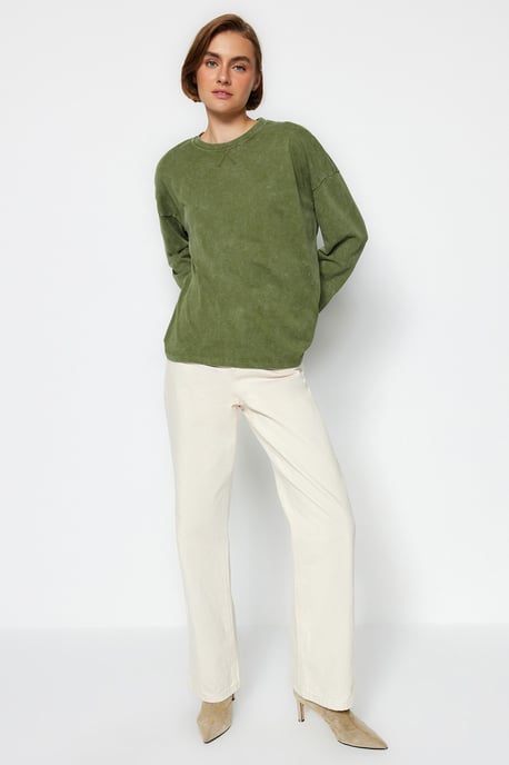 TRENDYOLMİLLA Dames Kaki Effen Lang Relaxed fit T-shirts - Image 5