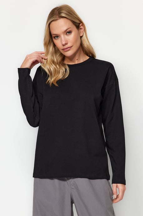 TRENDYOLMİLLA Dam Svart Enfärgad Lång Relaxed fit T-shirts - Image 4