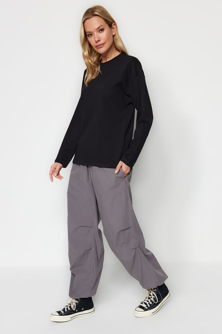 TRENDYOLMİLLA Dam Svart Enfärgad Lång Relaxed fit T-shirts - Image 5