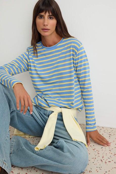 TRENDYOLMİLLA Women's Blue Striped Long Regular fit T-Shirts - Image 4