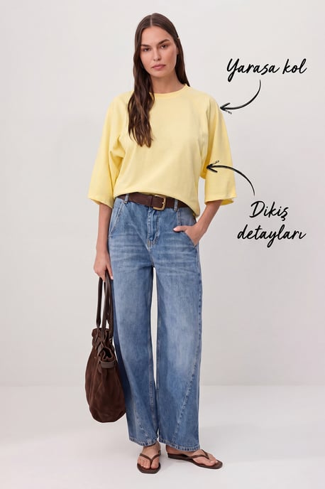 TRENDYOLMİLLA Dam Gul Enfärgad Trekvartsärm Oversize T-shirts - Image 1