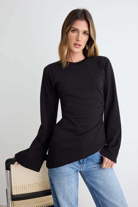 TRENDYOLMİLLA Dam Svart Enfärgad Lång Figursydd T-shirts - Image 4