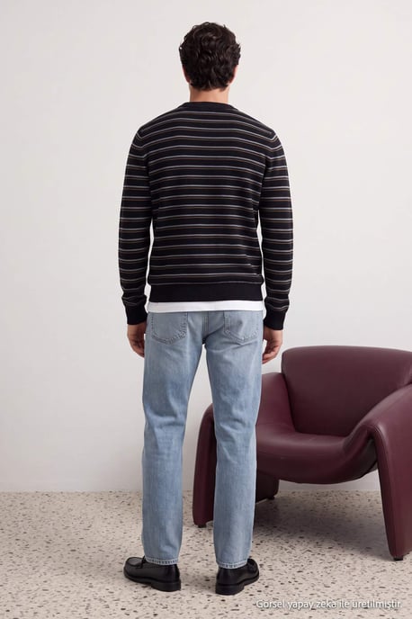 TRENDYOL MAN Heren Zwart Gestreept Lang Regular fit T-shirts - Image 2